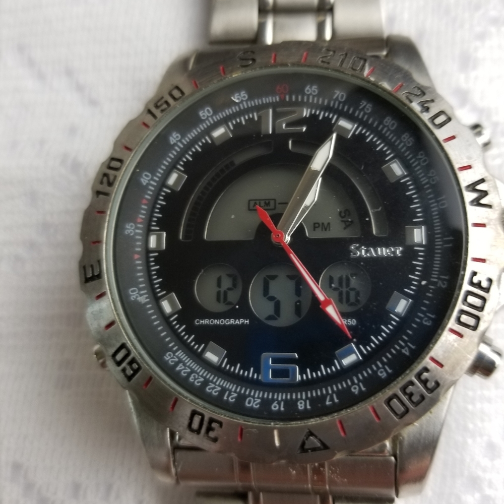 Men's watch by stauer silver tone front, 8in.